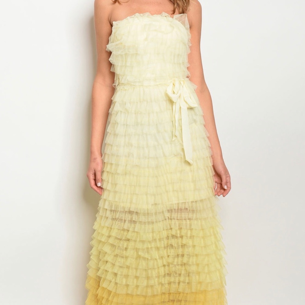 Brand New Strapless Yellow Tulle Ruffle Maxi Dress - Picture 1 of 7